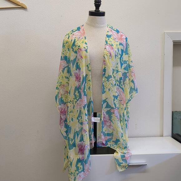 West Loop Pink and Yellow tropical  floral Sheer Kimono - Picture 1 of 5